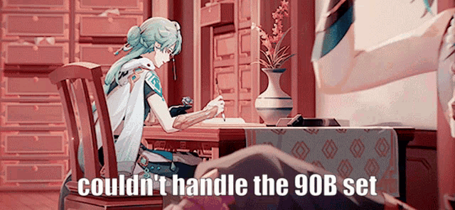 a cartoon character sits at a desk with the words couldn 't handle the 90b set written below him