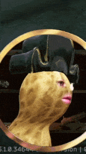 a picture of a sponge wearing a pirate hat with a gold circle around it