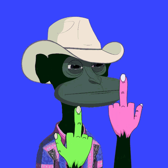a monkey wearing a cowboy hat and a pink shirt is giving the middle finger
