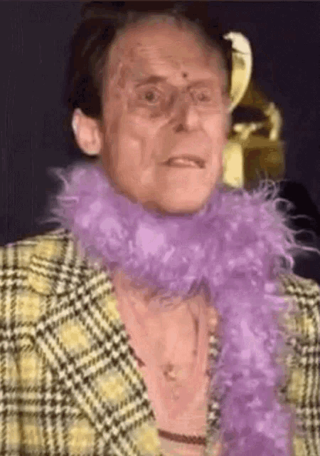 a man wearing a plaid jacket and a purple boa is making a funny face .