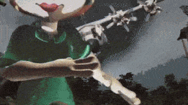 a cartoon character in a green shirt stands in front of planes