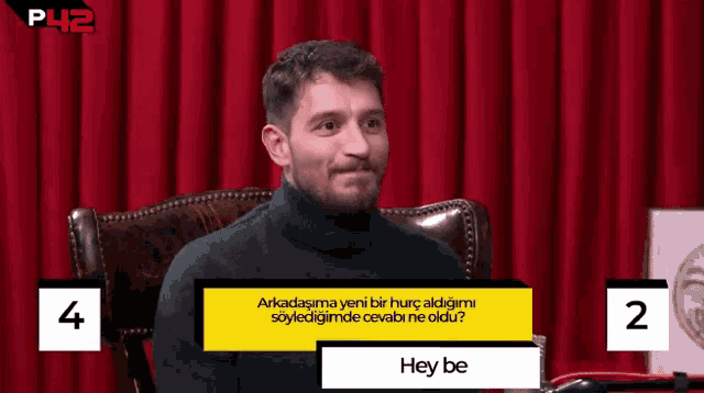 a man is sitting in a chair with a question asking him to say hey be