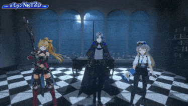three anime characters are standing on a checkered floor with a sign above them that says " not2d "
