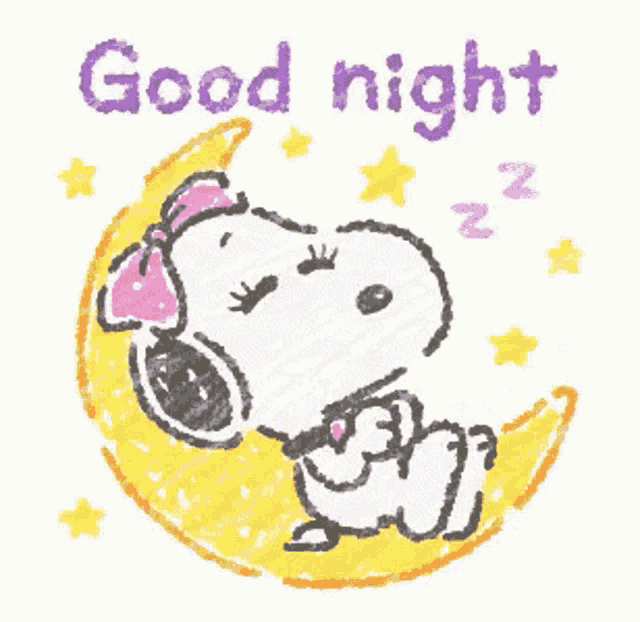a drawing of snoopy sleeping on a crescent moon with the words good night written below him