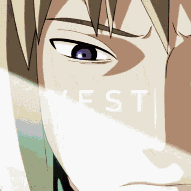 a close up of a person 's face with the word vest written on it