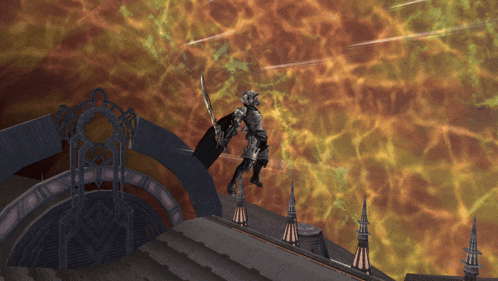 a computer generated image of a knight on a roof