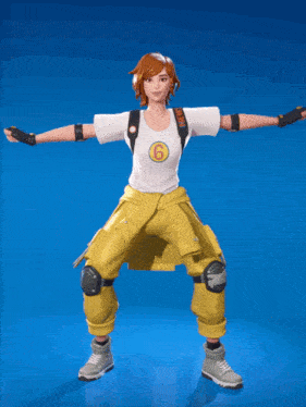 a girl in a white shirt and yellow pants is standing with her arms outstretched on a blue background
