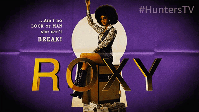a poster for the movie roxy shows a woman sitting on a stack of money