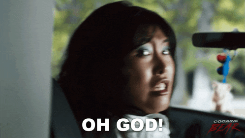 a woman says oh god in a cocaine bear movie