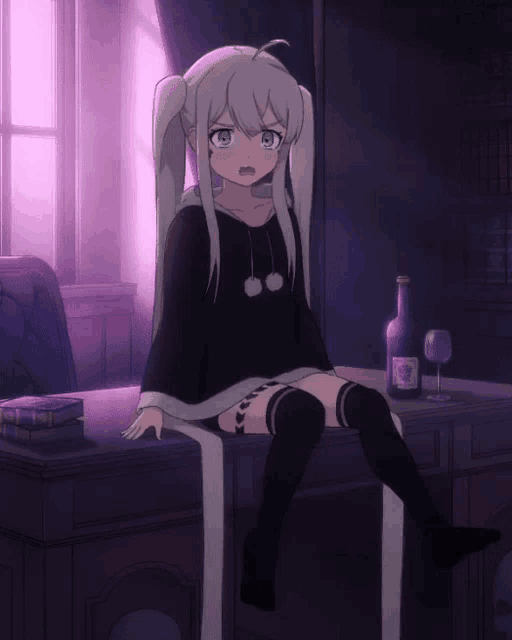 a girl is sitting at a desk with a bottle of wine in the background