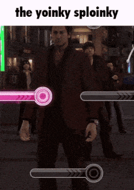 a man in a red jacket is dancing in a video game with the words " the yoinky sploinky " above him