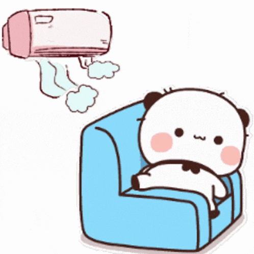 a panda bear is sitting on a couch with an air conditioner hanging from the ceiling .