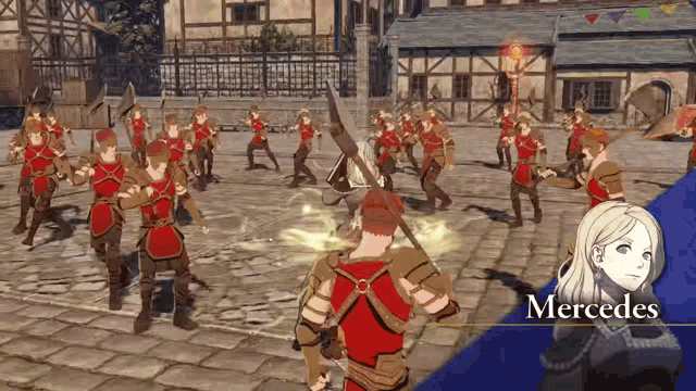 a video game scene with a character named mercedes in the foreground