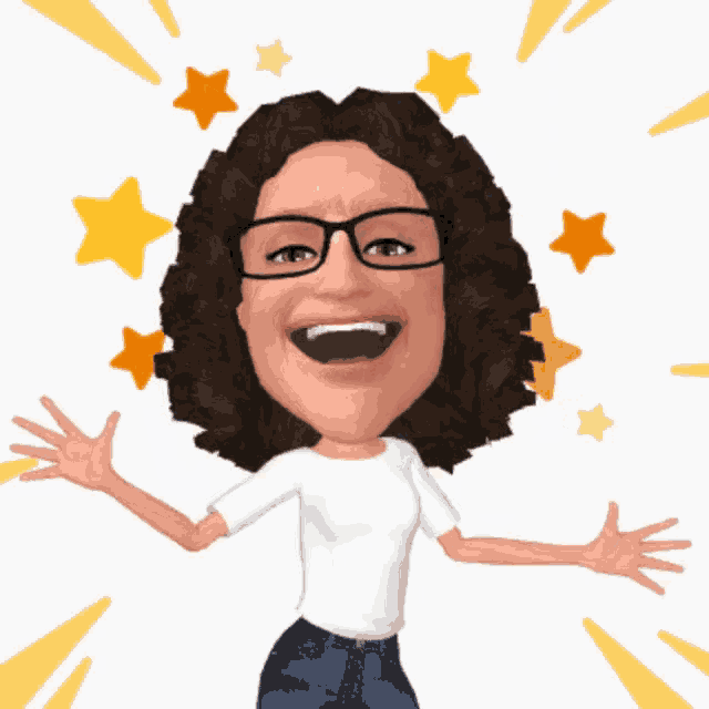 a cartoon of a woman with her arms outstretched and stars around her head