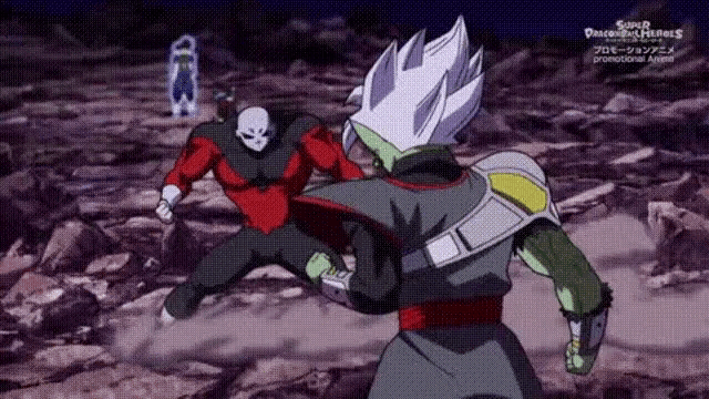 a couple of cartoon characters are fighting each other in a field .