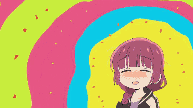 a girl with purple hair is smiling in front of a colorful swirl