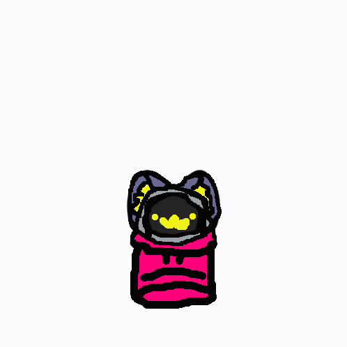 a cartoon drawing of a pink and black item with a yellow face on it .