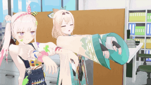 two anime girls are standing next to each other in a room with binders in the background
