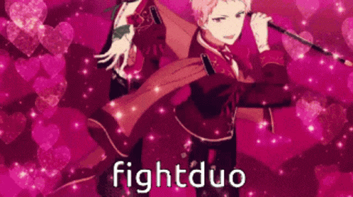 a couple of anime characters are standing next to each other on a pink background .
