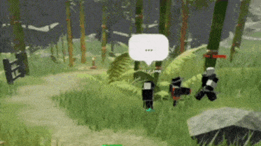 a group of people are standing in a lush green forest talking to each other .