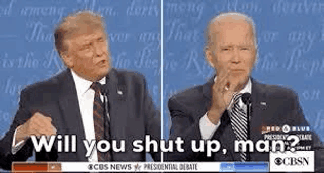 donald trump and joe biden are having a presidential debate and they are talking to each other .