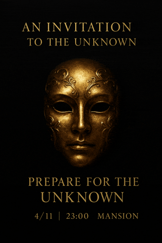 an invitation to the unknown is displayed with a gold mask