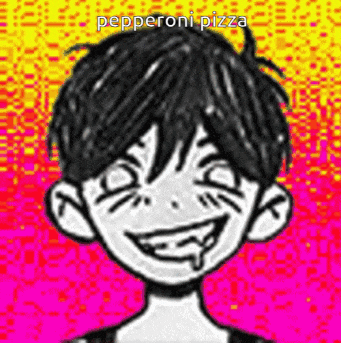 a black and white drawing of a boy with a pizza in his mouth and the words pepperoni pizza above him .