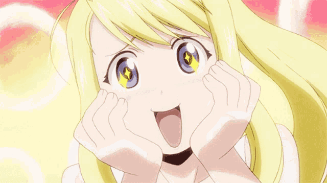 a girl with blonde hair and blue eyes making a face