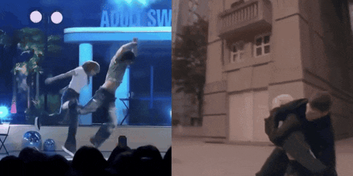 a group of people are dancing in front of a building that says adult swim