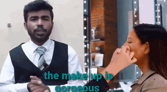 a woman is applying makeup to a man 's face and the words " the makeup is gorgeous " are visible