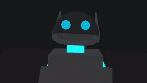 a black robot with yellow eyes and a yellow stripe on its chest