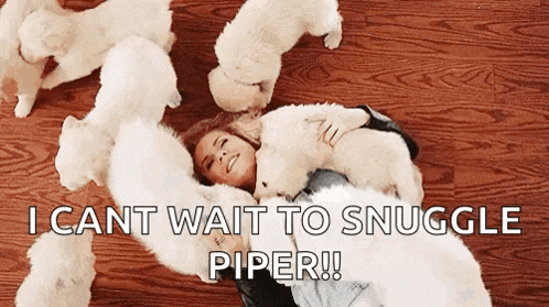 a woman is laying on the floor surrounded by stuffed animals and says i cant wait to snuggle piper .