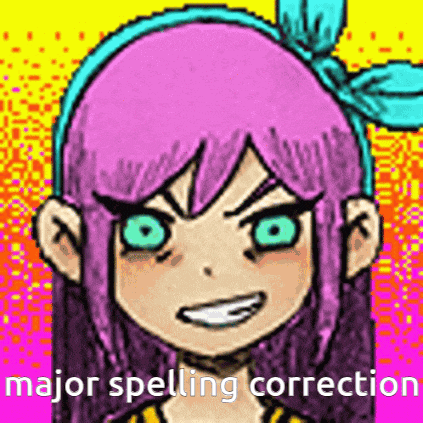 a pixel art drawing of a girl with pink hair and green eyes and the words `` major spelling correction '' .
