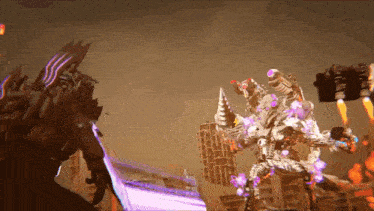 a giant robot with purple lights on it is fighting another robot