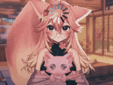 a girl with pink hair is holding a stuffed animal