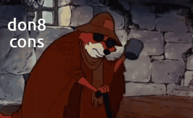a cartoon of a fox wearing sunglasses and holding a hammer with the words don8 cons above him