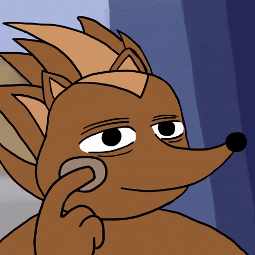 a cartoon drawing of a hedgehog with a finger on his face