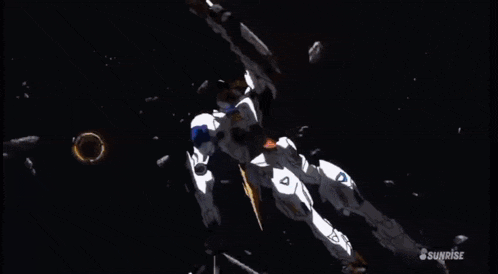 a robot is flying through the air with a sword in its mouth and a huge explosion in the background .