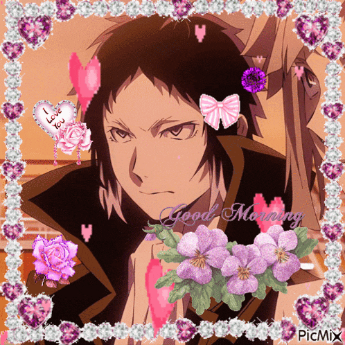 a picture of a man surrounded by flowers and hearts with the words good morning on the bottom