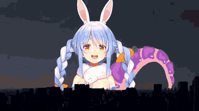 a girl with bunny ears is standing in front of a cityscape