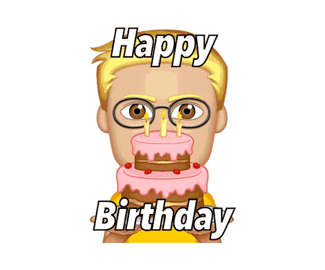 a cartoon of a man holding a birthday cake with the words happy birthday written on it