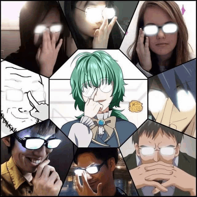 a collage of people wearing glasses with a green haired girl in the center