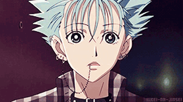 a close up of a anime character with blue hair and a plaid shirt
