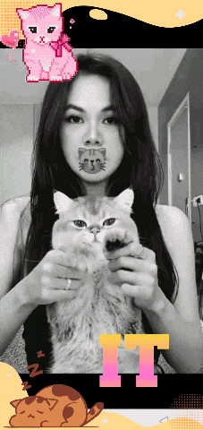a black and white photo of a woman holding a cat with the word " it " on the bottom right