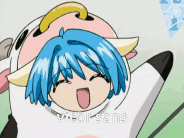 a girl with blue hair is wearing a cow costume with vitor sans written on the bottom