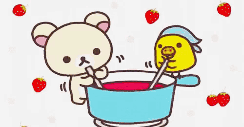a cartoon of a bear and a chicken stirring a pot of liquid