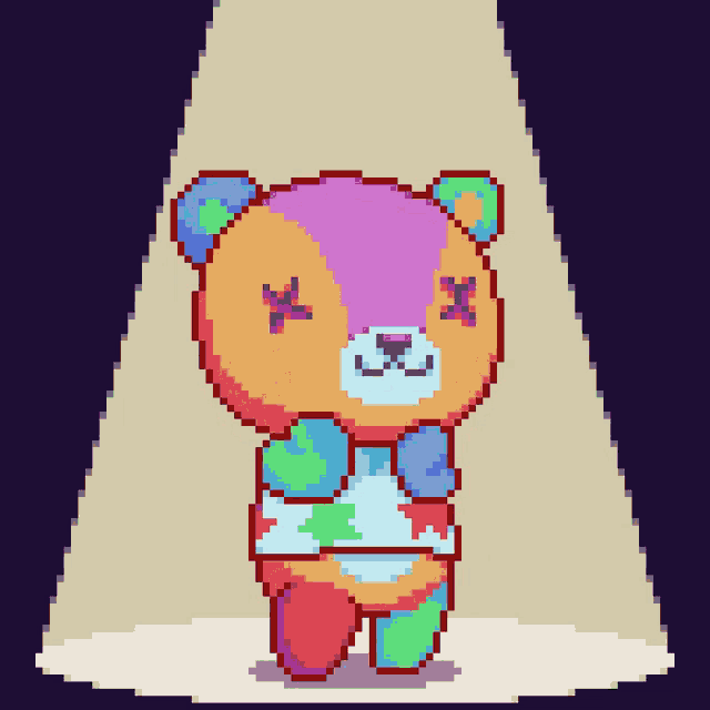 a pixel art drawing of a teddy bear with a rainbow shirt on