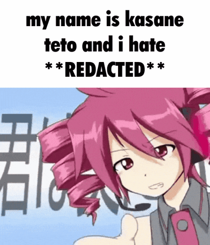 a cartoon girl is giving a thumbs up with the words my name is kasane teto and i hate * * redacted * *