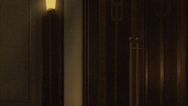 a girl with purple hair is standing in front of a door .
