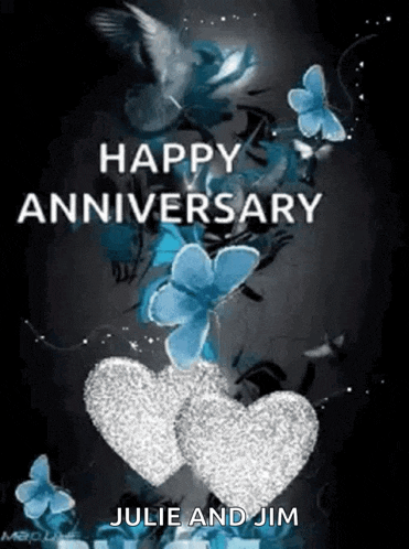 a happy anniversary greeting card with hearts , butterflies and flowers